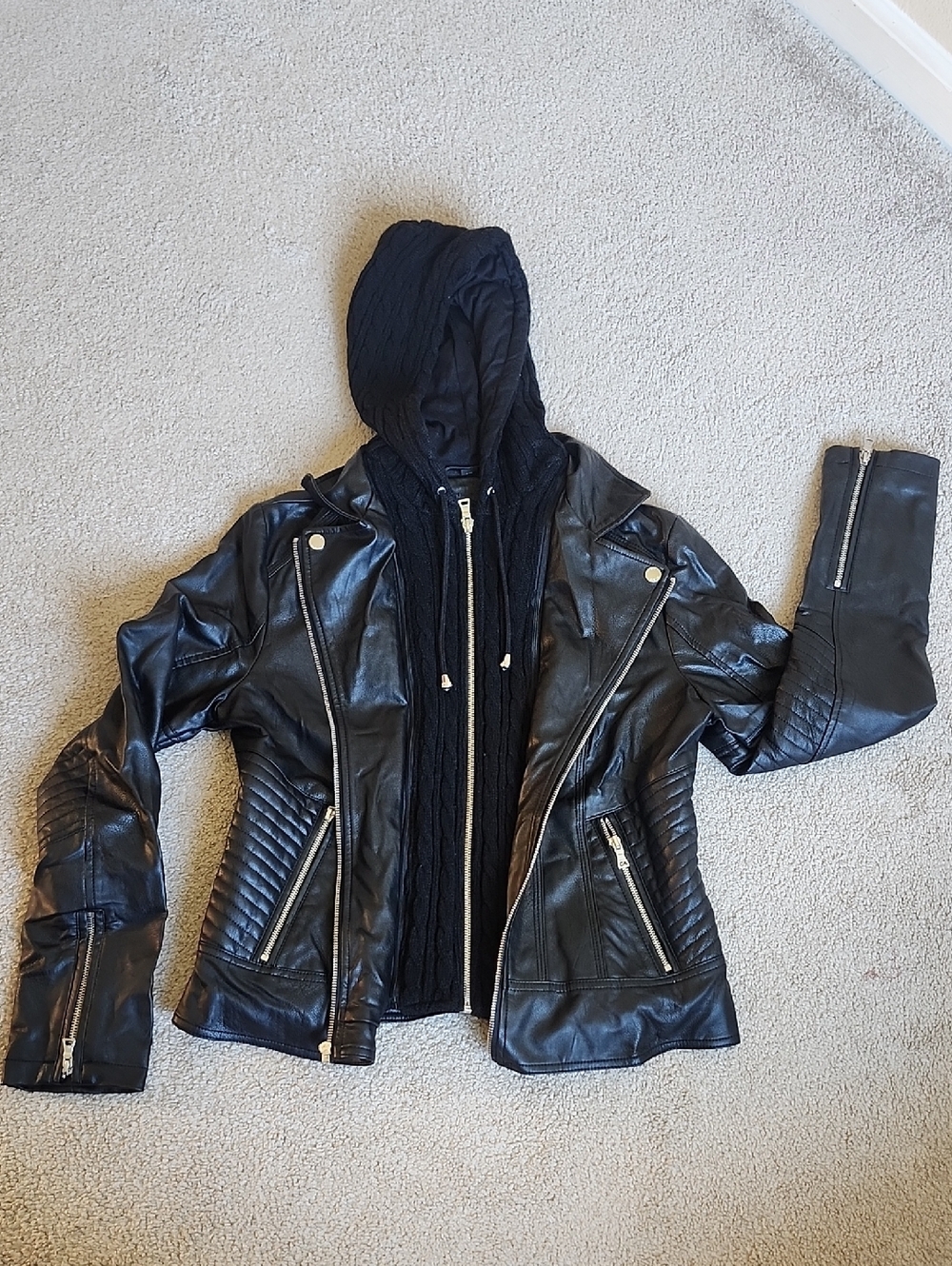 Guess Black Faux Leather Hooded Jacket with Quilted Panels - Picture 1 of 13